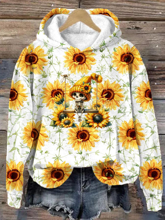 Sunflower Halloween Skull Print Long Sleeve Printed Hoodie