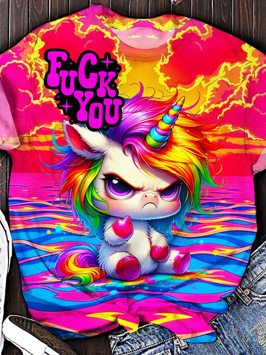Colorful Hippie Unicorn Print Crew Neck T-shirt