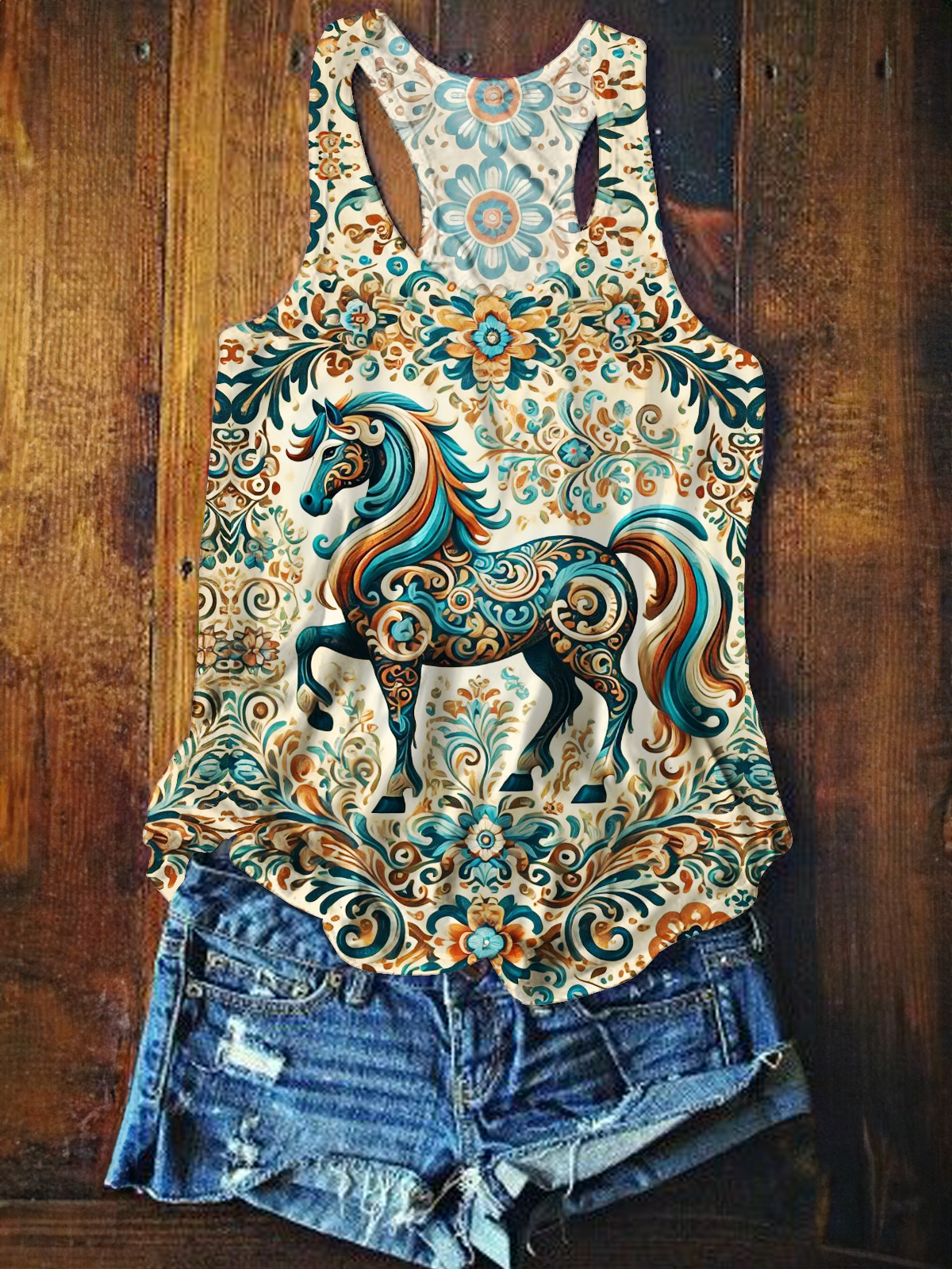 Vintage Western Classic Floral Horse Art Printed Casual Tank Top
