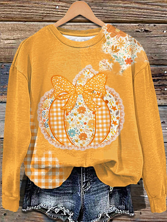 Vintage Fall Boho Lace Pumpkin Art Printed Long Sleeve Casual Top