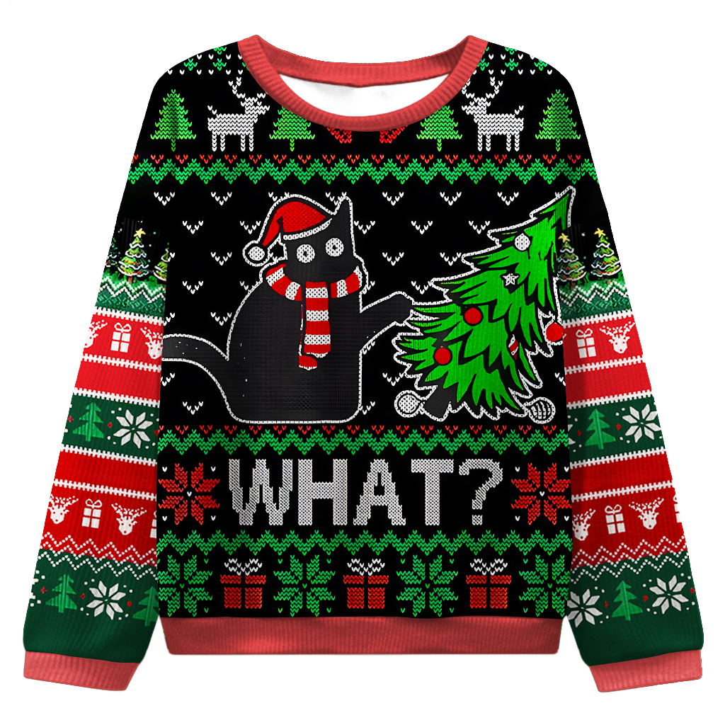 Women's Funny Black Cat What? round neck ugly sweater
