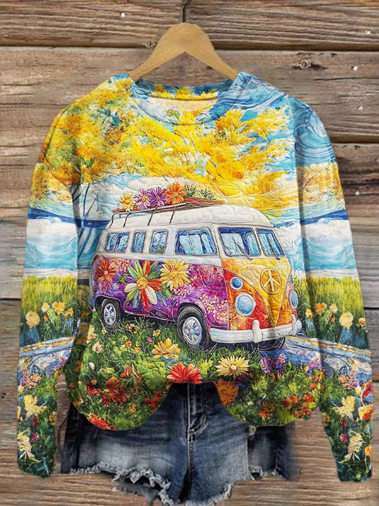 Colorful Vintage Floral Hippie Van Art Printed Long Sleeve Casual Top
