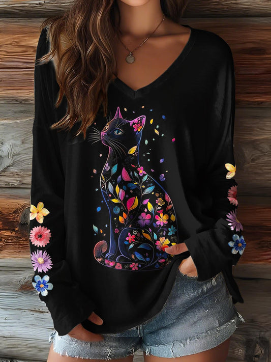 Autumn Floral Kitten V-neck Long Sleeve Top