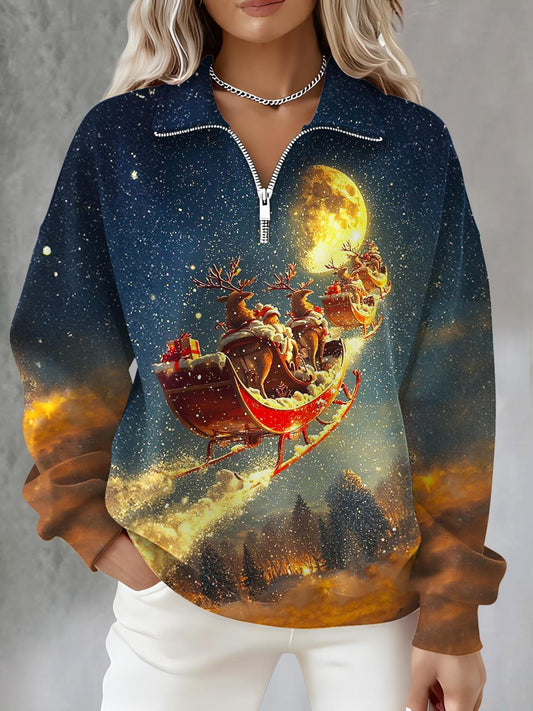Christmas Santa Claus Print Long Sleeve Zipper Sweatshirt