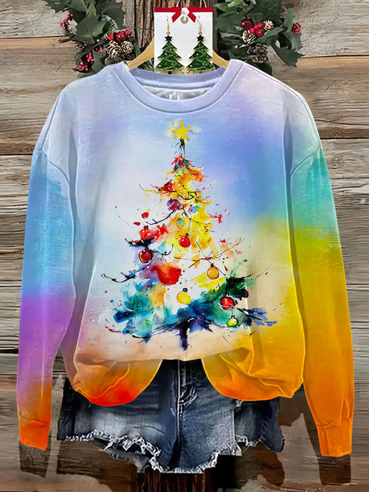 Abstract Christmas Tree Printed Long Sleeve Casual Top