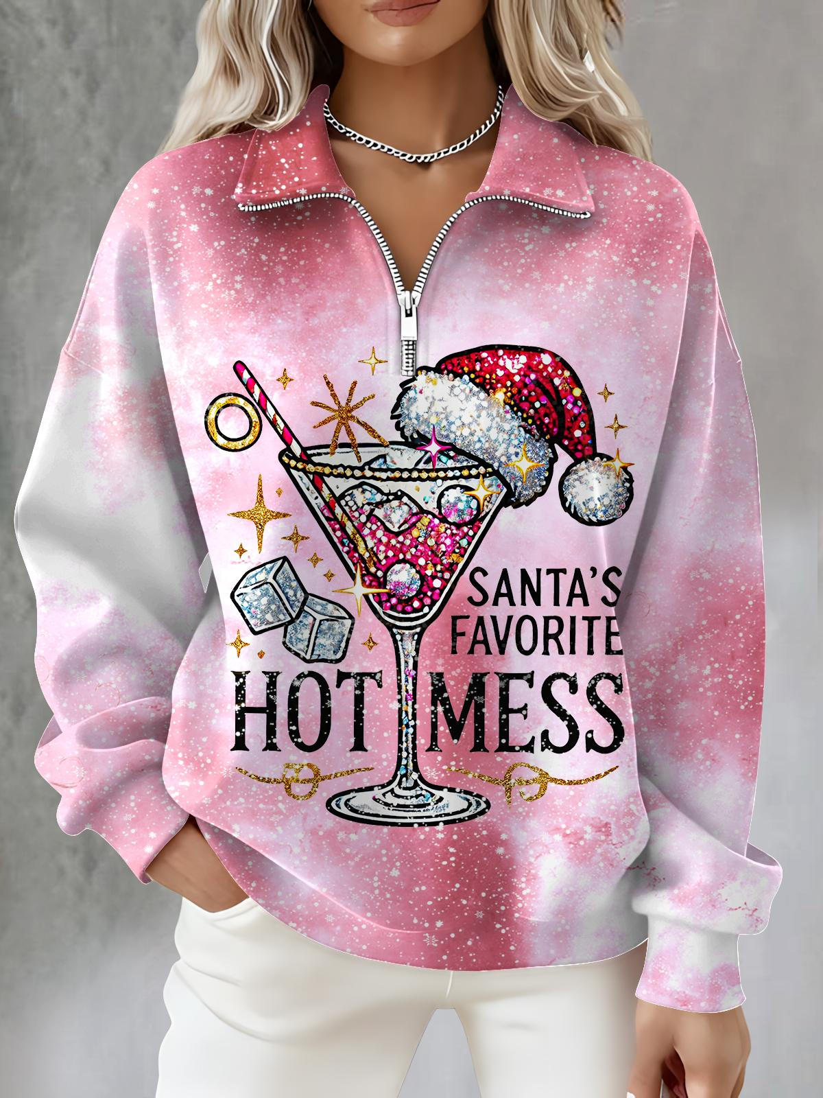 Santa Claus Print Long Sleeve Zipper Sweatshirt