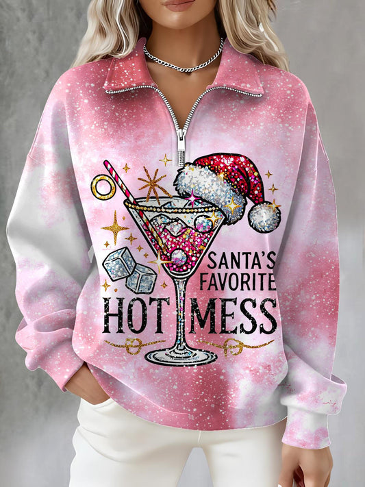 Santa Claus Print Long Sleeve Zipper Sweatshirt