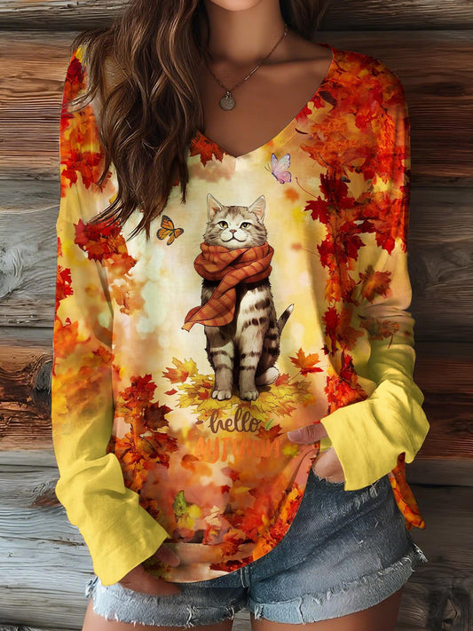 Autumn Kitten Print V-neck Long Sleeve Top