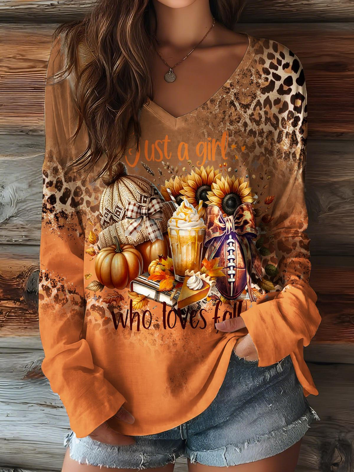 Autumn Pumpkin Leopard Print V-neck Long Sleeve Top