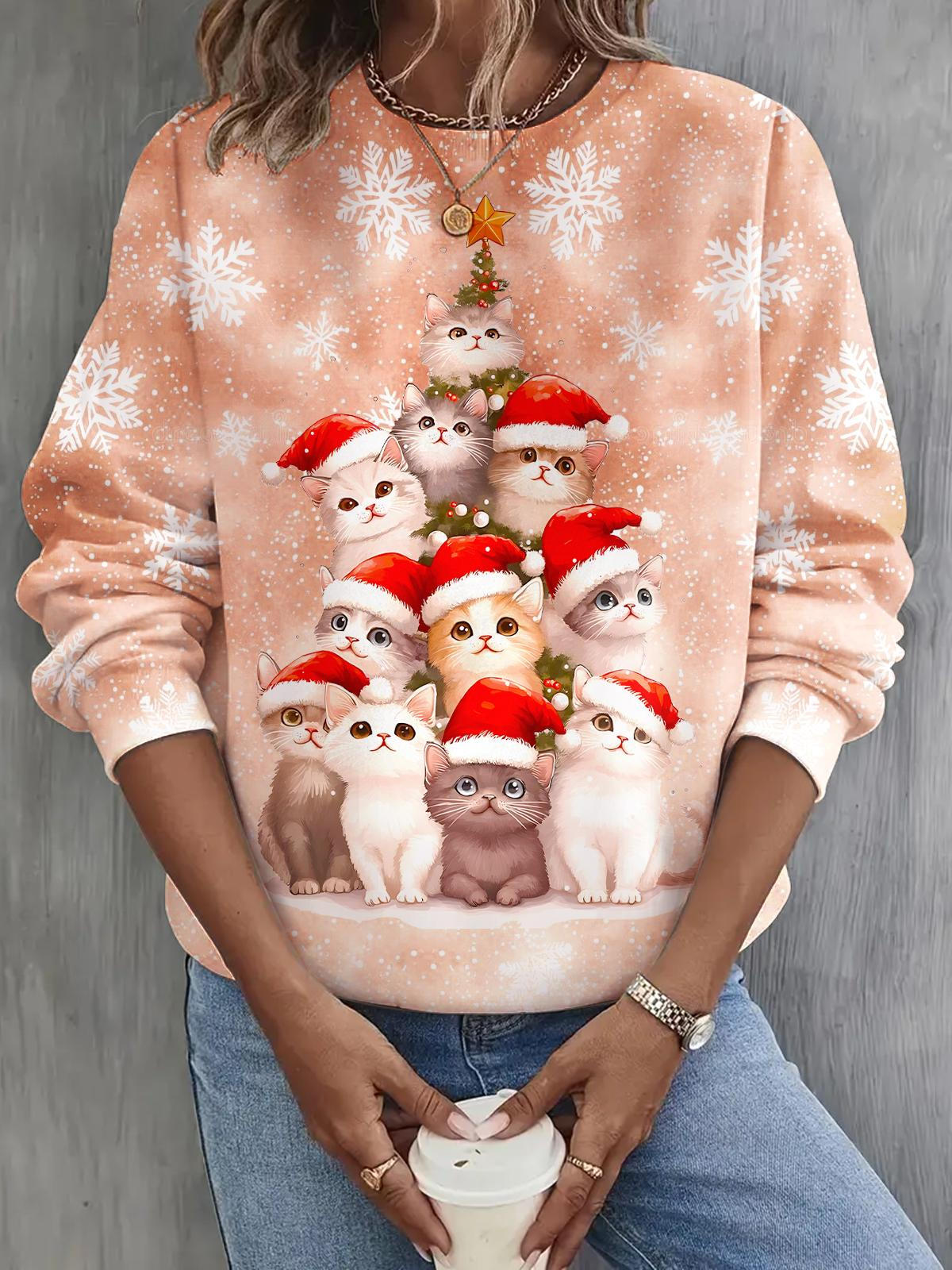 Christmas Cat and Christmas Tree Long Sleeve Casual Top