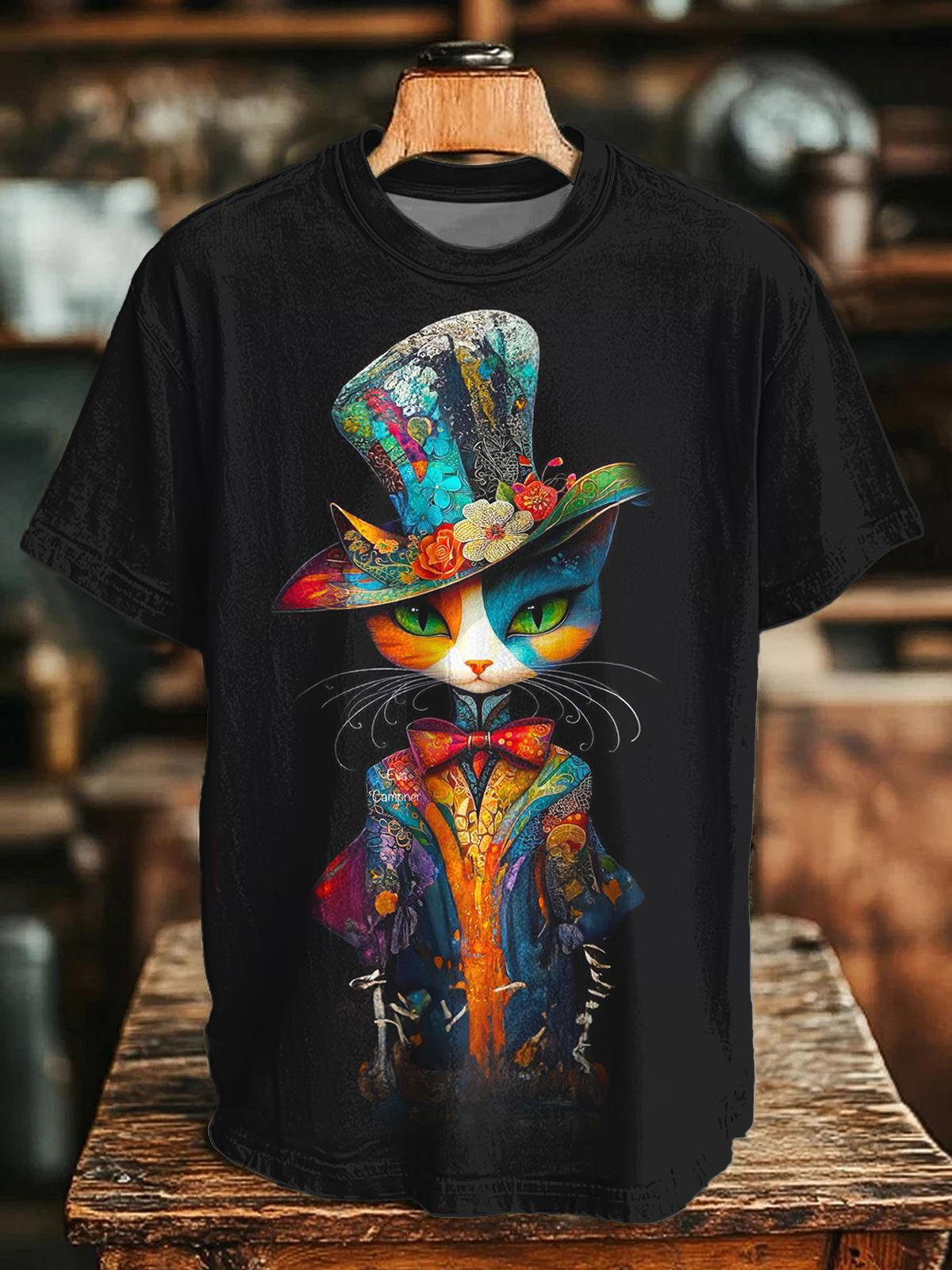 Hippie Cute Kitten Print Crew Neck T-shirt