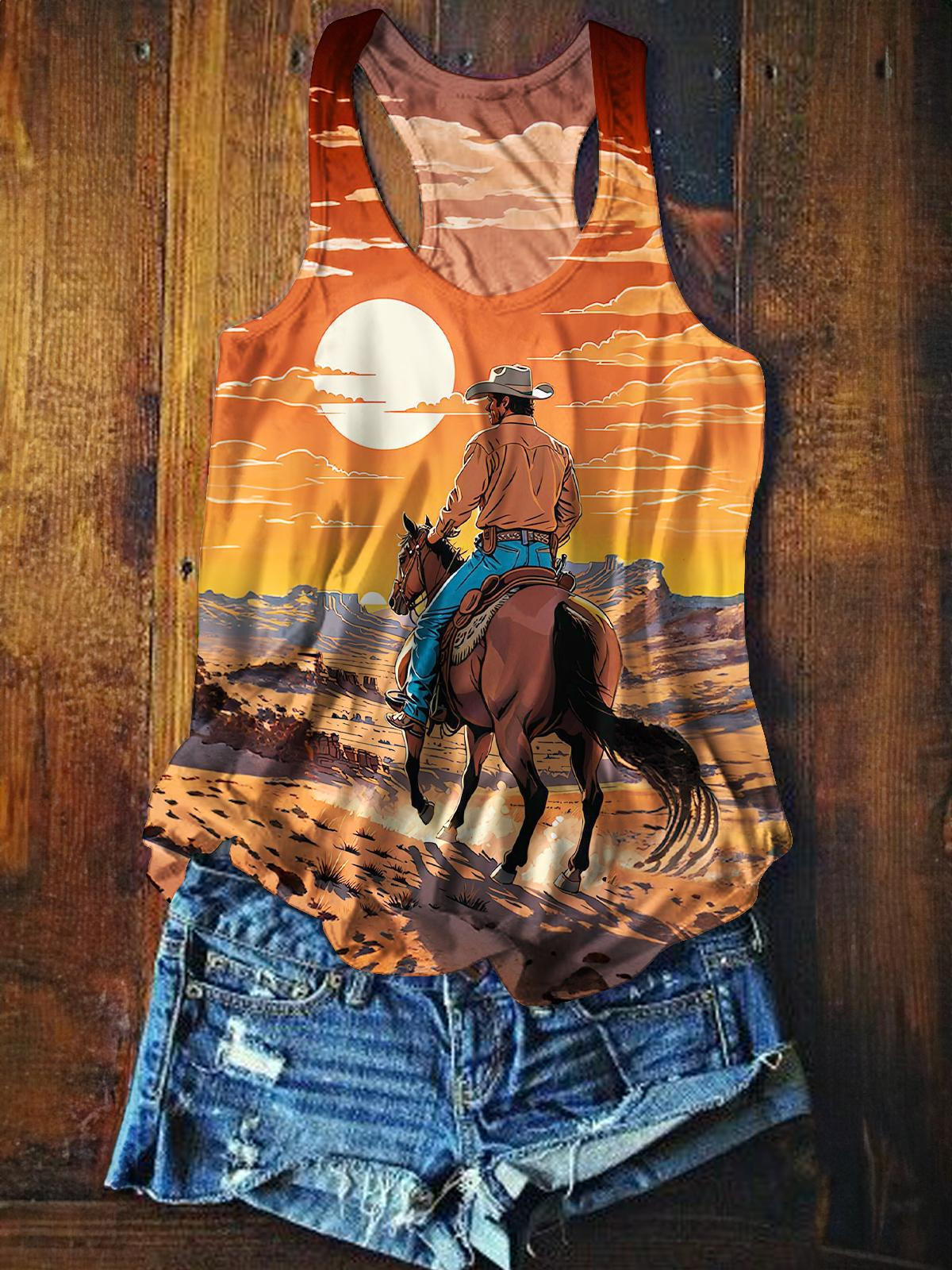 Western Denim Printed Casual Tank Top