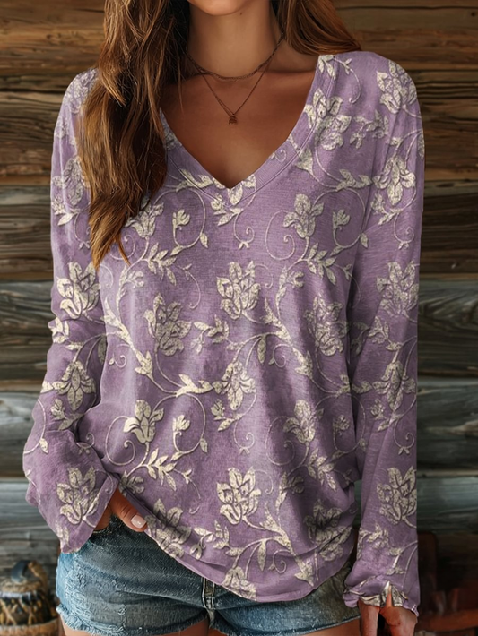 Vintage Ethnic Floral Art V-neck Long Sleeve Top