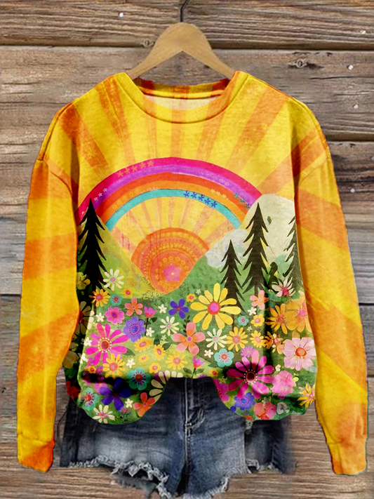Vintage Hippie Sunshine Floral Art Printed Long Sleeve Casual Top