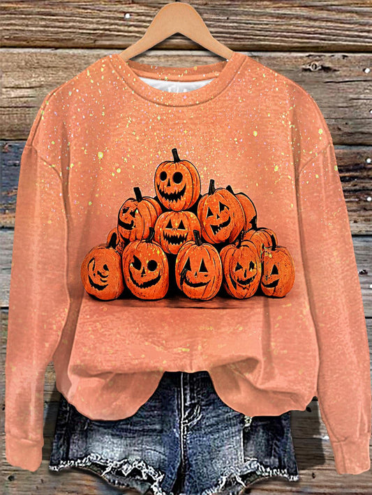 Autumn Halloween Pumpkin Print Long Sleeve Casual Top