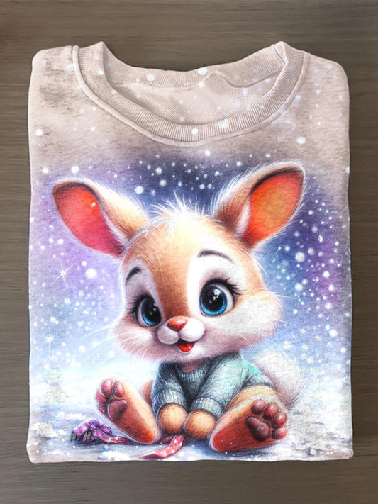 Winter Bunny Printed Long Sleeve Casual Top