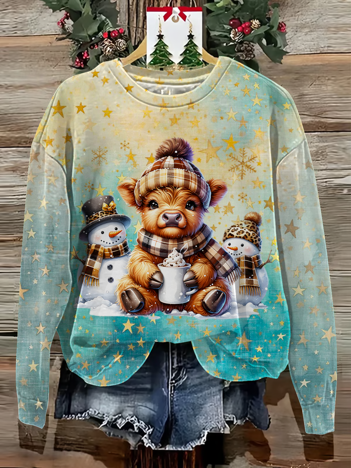 Christmas Snowman Highland Cow Printed Long Sleeve Casual Top