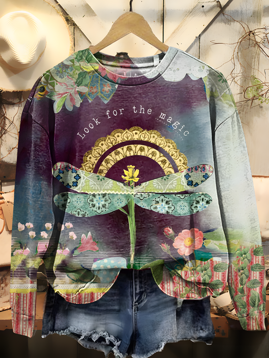 Look For The Magic Dragonfly Flower Art Printed Long Sleeve Casual Top