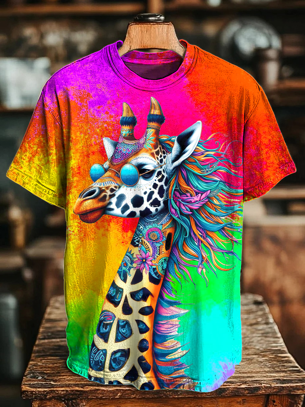 Colorful Tie-dye Fun Hippie Giraffe Crew Neck T-shirt