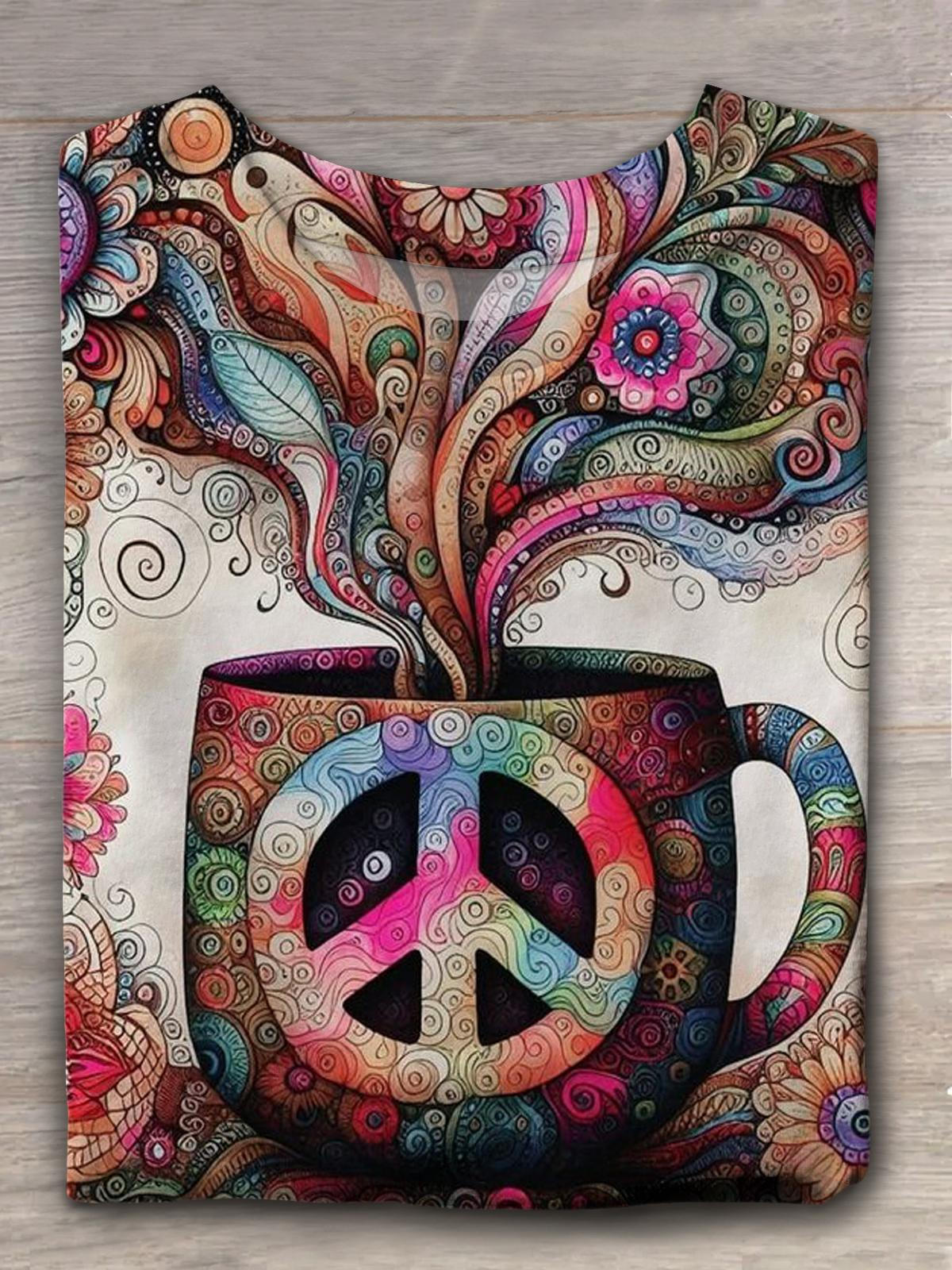 Psychedelic Coffee Cup Peace Sign Graphic Crew Neck Short Sleeve T-Shirt Artistic Print Women's Tee