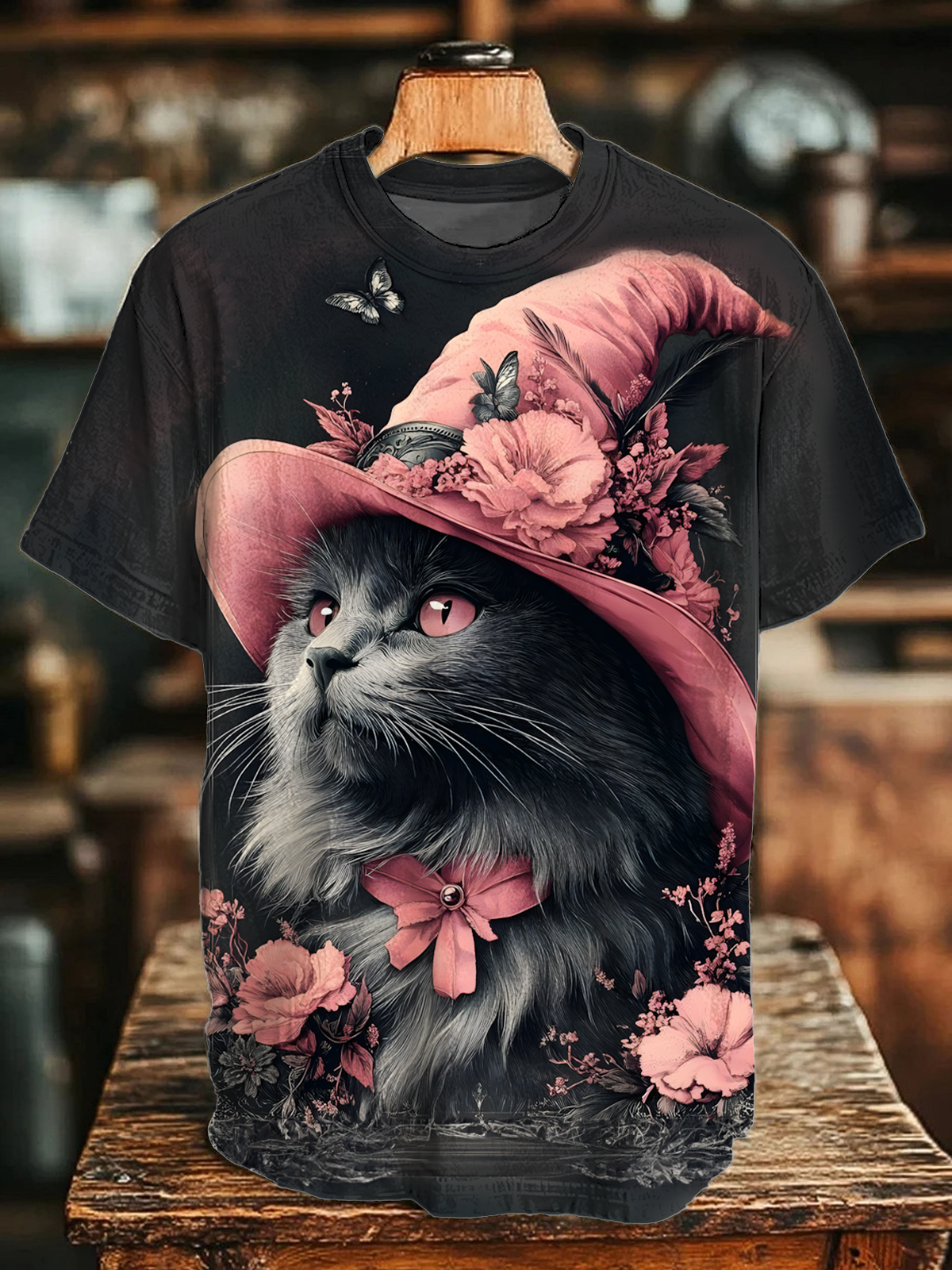 Halloween Witch Cat Art Crew Neck T-shirt