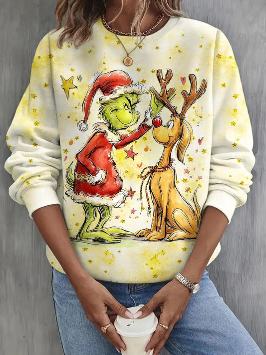 Christmas Cute Grinch Print Long Sleeve Casual Top