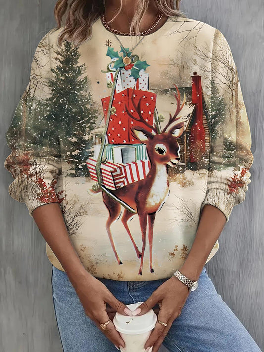 Deer Gift Giving Long Sleeve Casual Top
