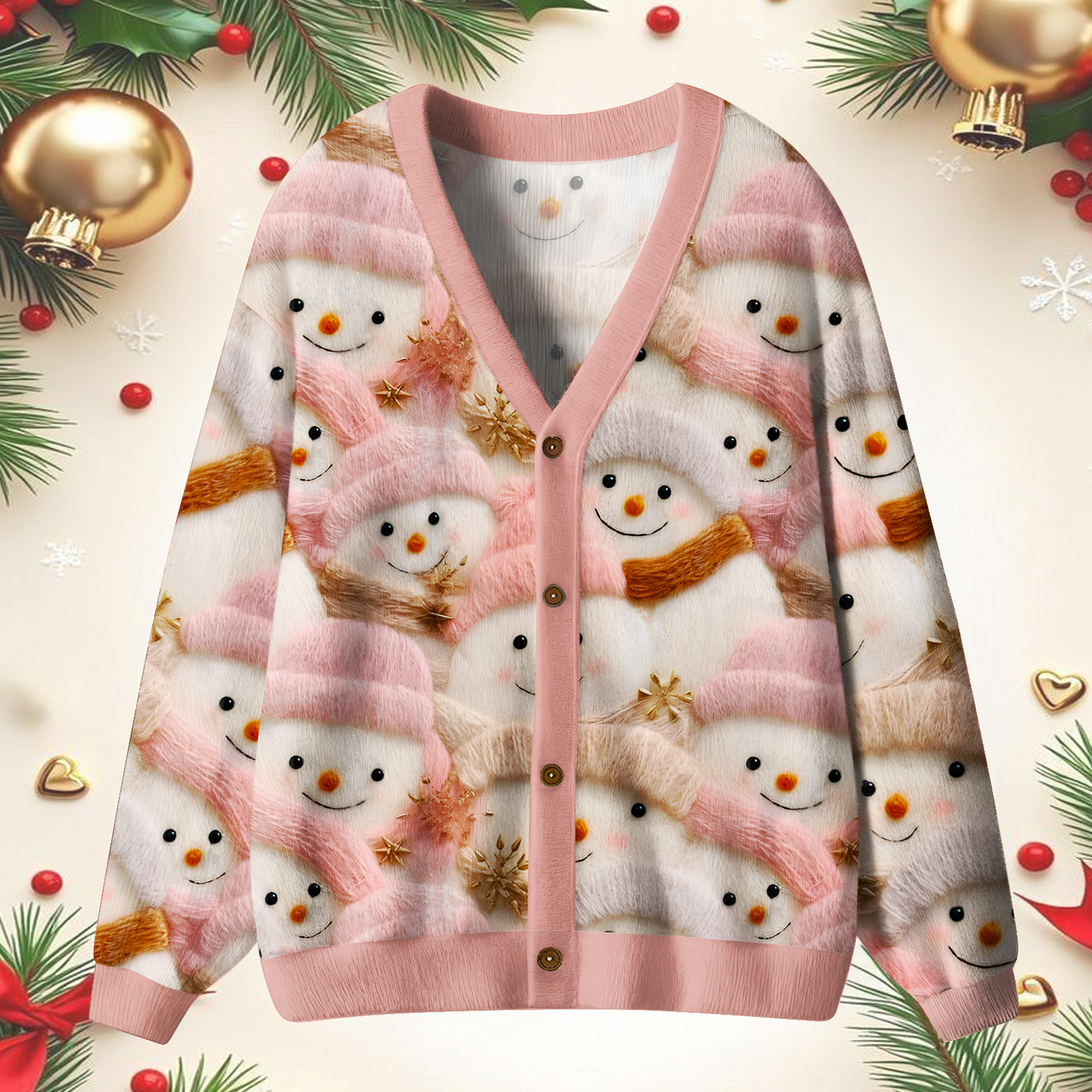 Unisex Pink Snowman Ugly Cardigan Sweaters