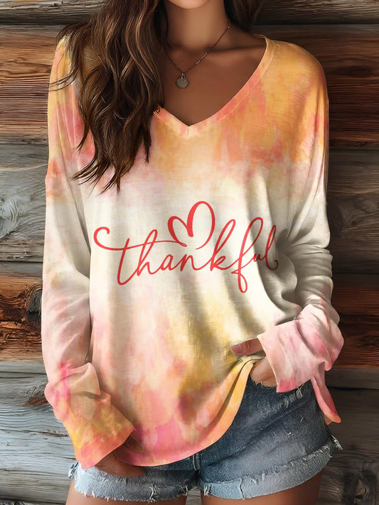 Autumn Thanksgiving Print V-neck Long Sleeve Top