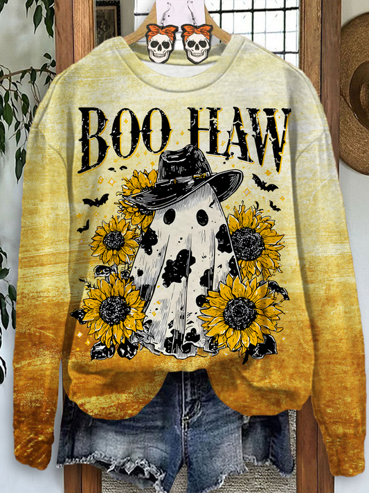 Autumn Sunflowers Boo Haw Printed Long Sleeve Casual Top