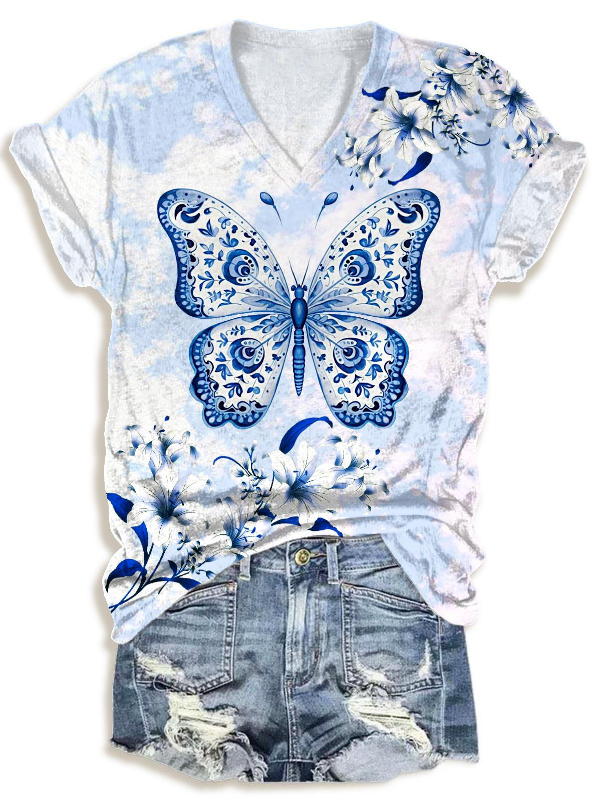 Floral Butterfly Print V-neck T-Shirt