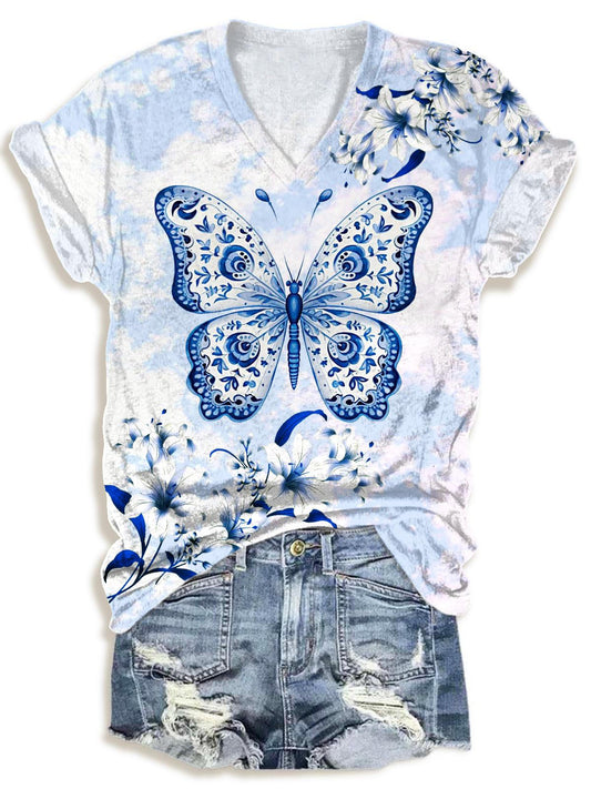 Floral Butterfly Print V-neck T-Shirt