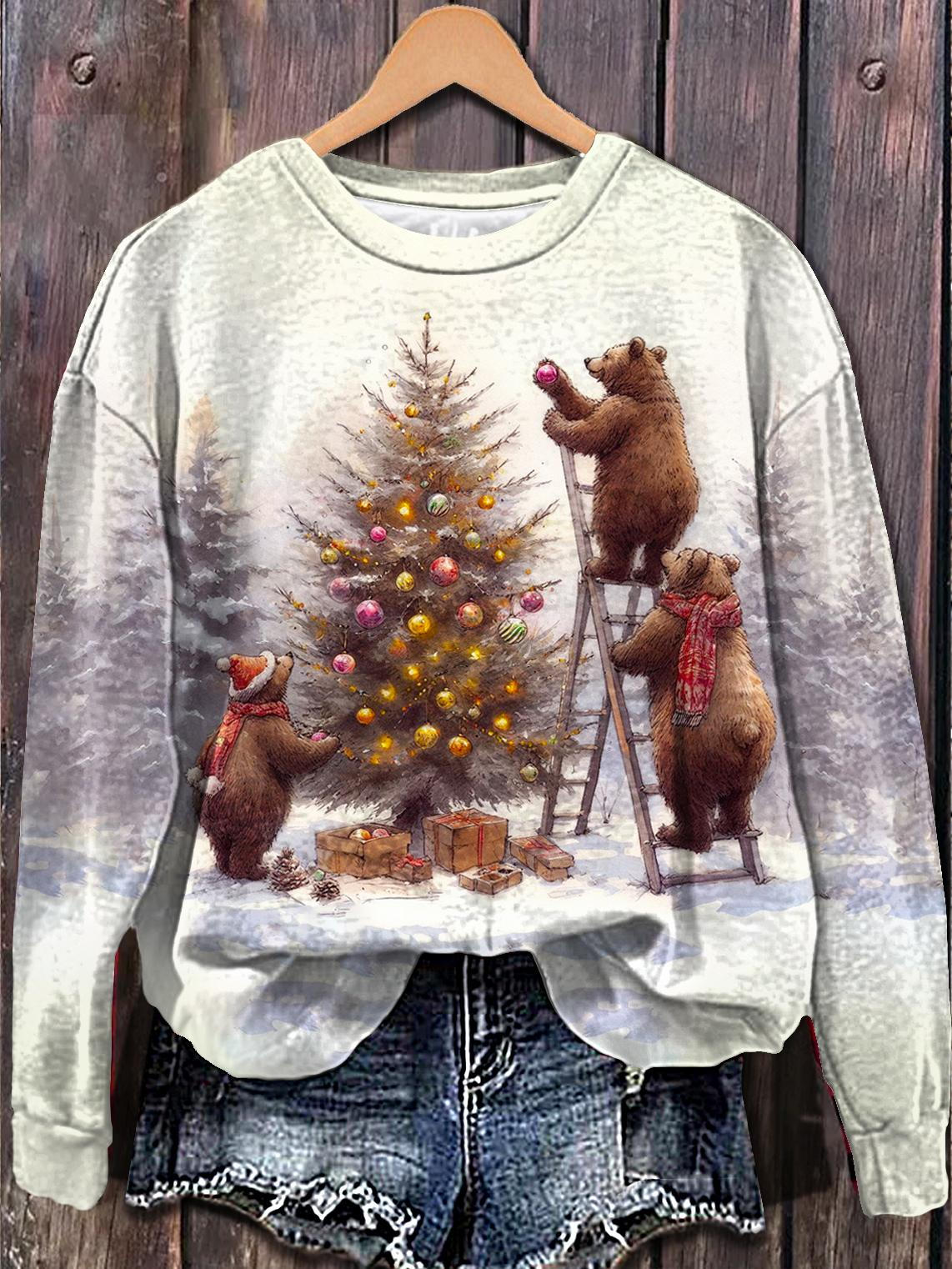 Winter Christmas Brown Bear Printed Long Sleeve Casual Top