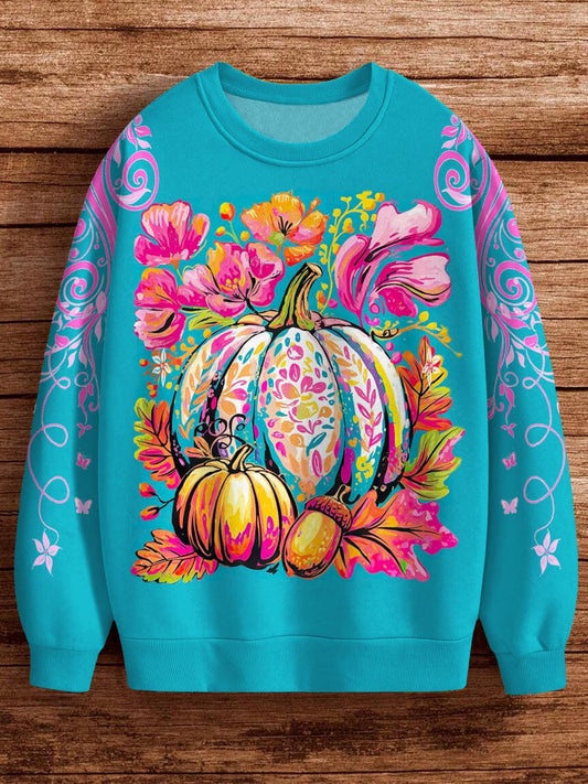 Fall Floral Pumpkin Printed Long Sleeve Casual Top