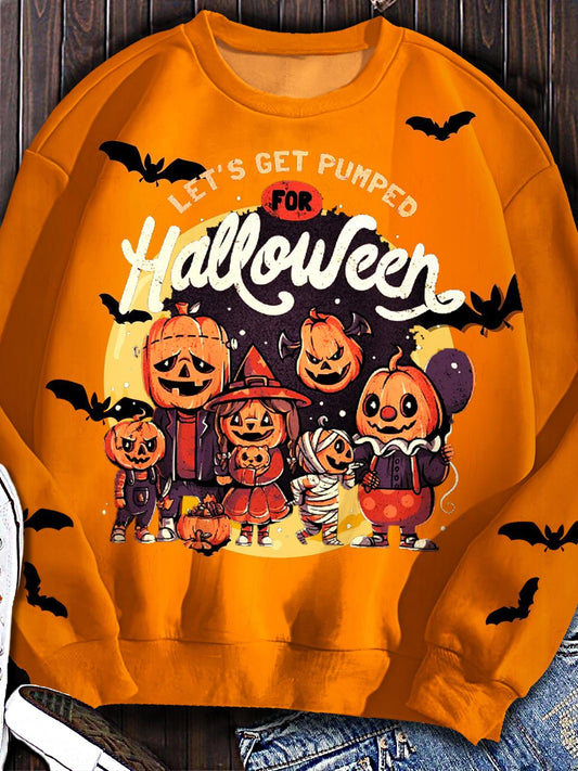 Halloween Pumpkin Bat Print Long Sleeve Casual Top