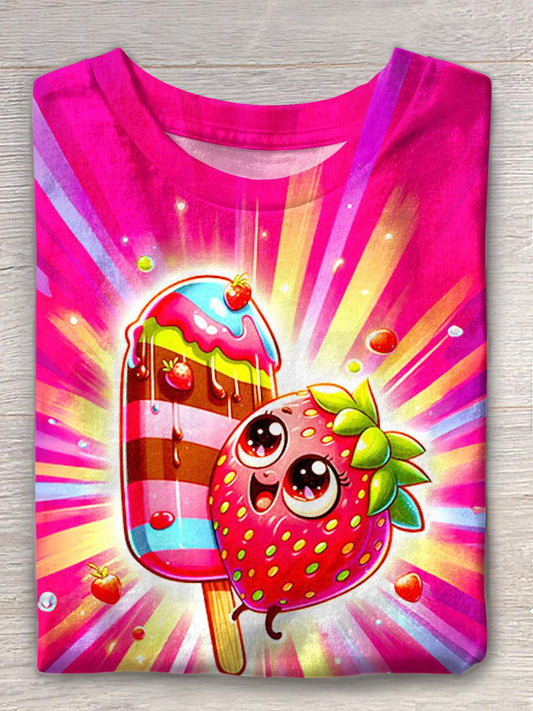 Cute Strawberry Printed Crew Neck T-shirt