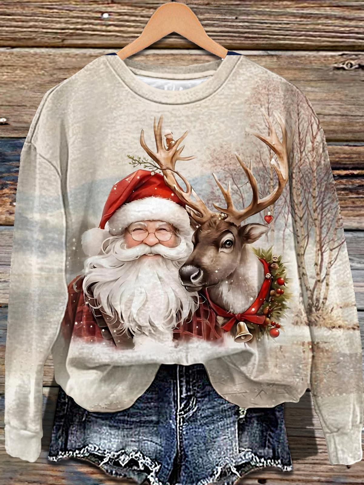 Retro Santa Claus Printed Long Sleeve Casual Top