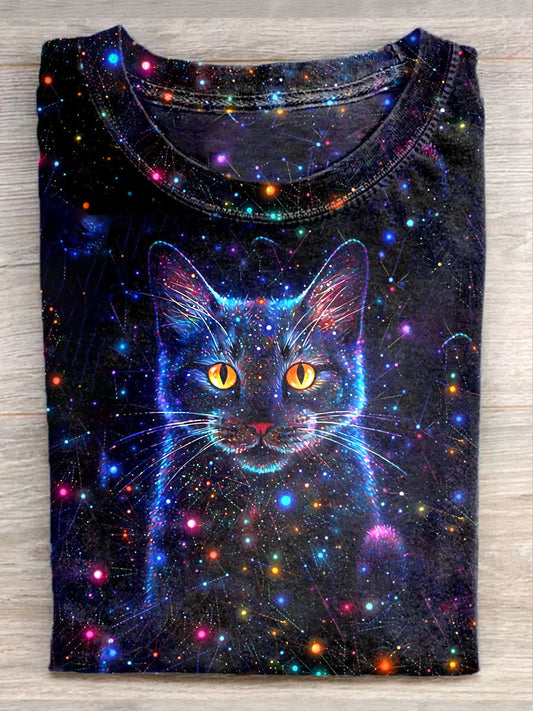 Unisex Fantasy Starry Sky Cat Art Illustration Printed Casual T-Shirt