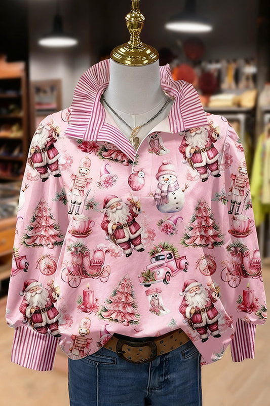 Chic Christmas Santa Print Striped Long Sleeve Top