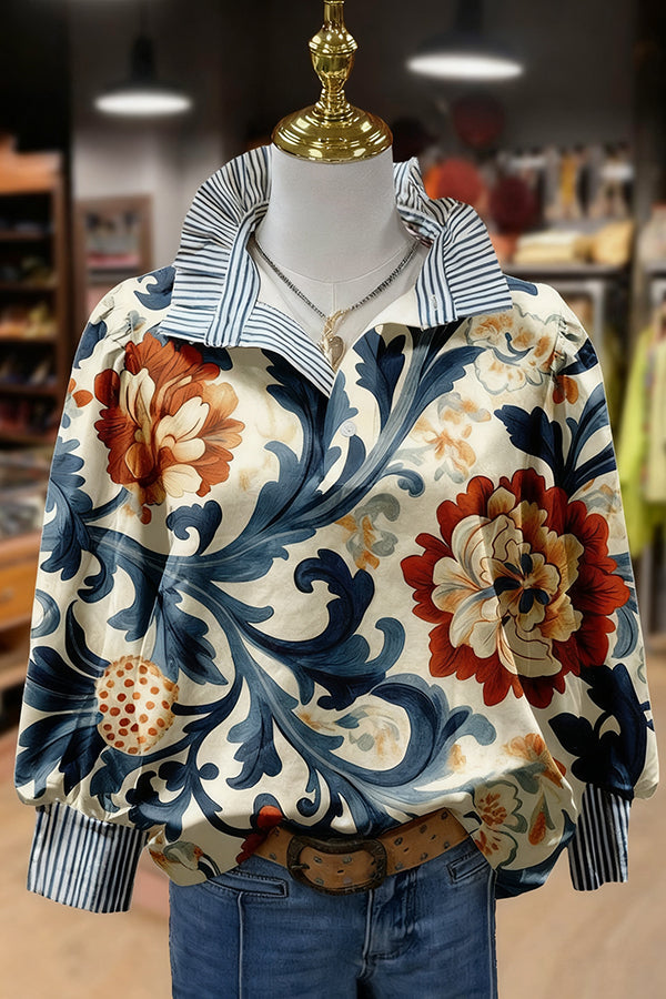 Vintage Floral Print Striped Collar Top